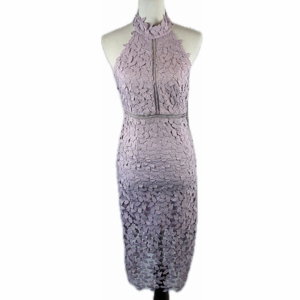 Bardot Gemma Halter Lace Sheath Midi Dress Lavender Sz 6 Wedding Guest Cocktail